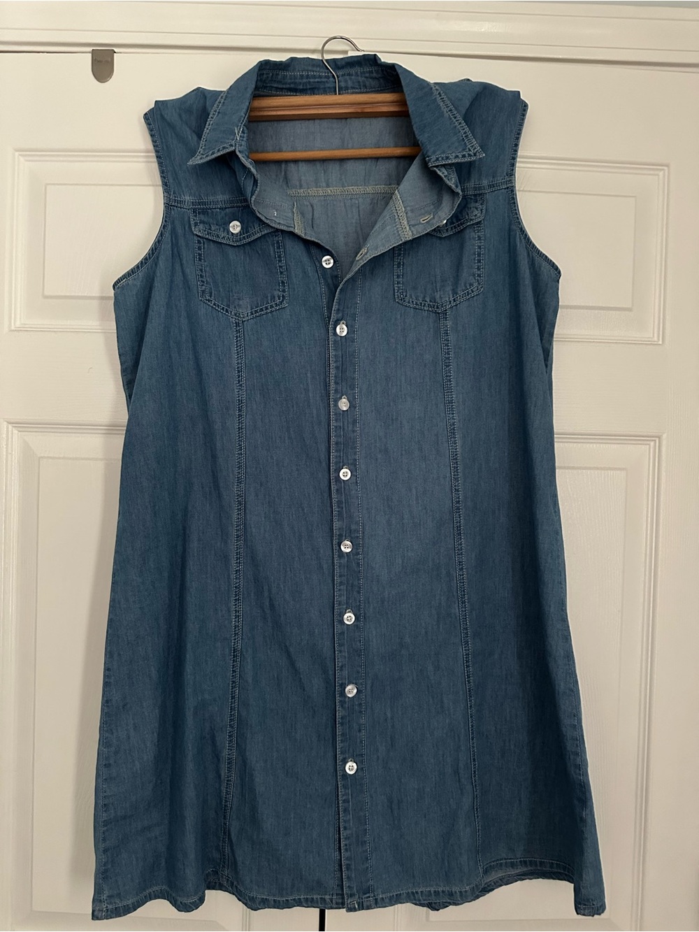 Sleeveless Denim Button-Front Dress - Blue